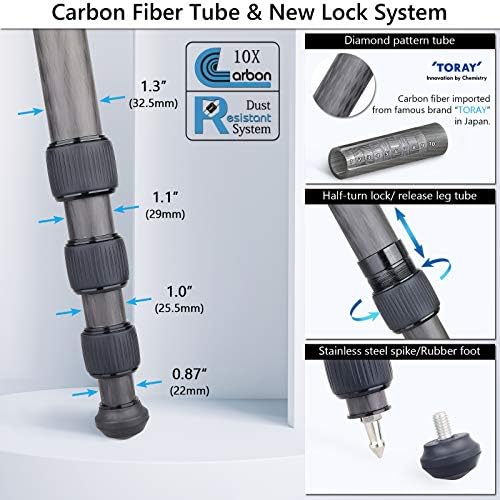 Tripé profissional de fibra de carbono pesado, Artcise 72.6 '' Tripé Monopod, tubo de fibra de carbono de 10 camadas, perna