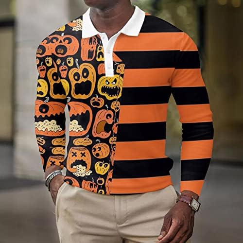 Xxbr halloween camisas de pólo para homens, gráficos engraçados de manga comprida Skeleleton Pumpkin Golf Tops Festumes Designer Shirt