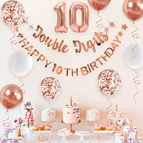 Rose Double Digits Happy 10th Birthday Banner Garland Foil Balão 10 para meninos meninos 10º aniversário decorações penduradas 10 e aplausos fabulosos a 10 anos de dez anos