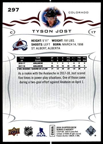 2018-19 Upper Deck Hockey Series Two 297 Tyson Jost Colorado Avalanche Official UD NHL Card