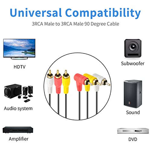 Vídeo de áudio Duttek Cabo RCA, cabo AV composto 3RCA, Placa de ouro 90 graus 3RCA macho a 3rca Cabo masculino compatível com caixa de ajuste, alto-falante, amplificador, DVD player player player