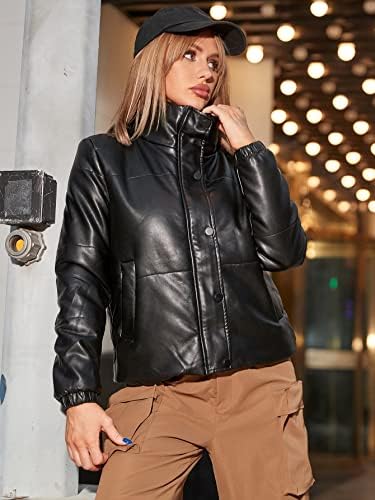 Jackets Edwol para mulheres - Zip Up Snap Button Leather Puffer Casat