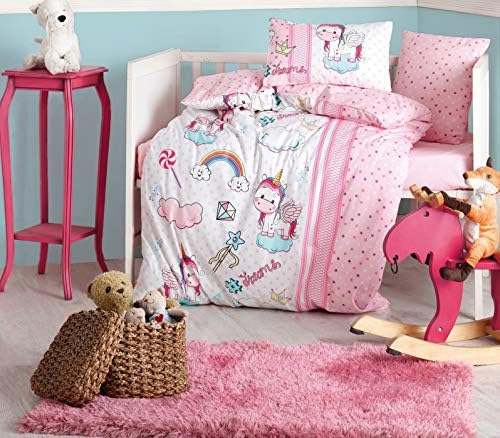 Conjunto de roupas de cama com berçário com tema de algodão algodão, cama de berço para crianças para meninas, capa de edredão com consolador, rosa, 5 peças