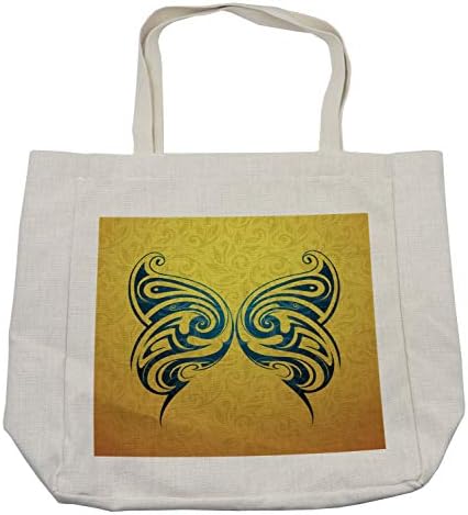 Bolsa de compras de tatuagem de Ambesonne, tribal de cor azul projetada com borboletas gratuitas e impressão de arte da liberdade, bolsa reutilizável ecológica para a praia de mantimentos e mais, 15,5 x 14,5, creme, creme