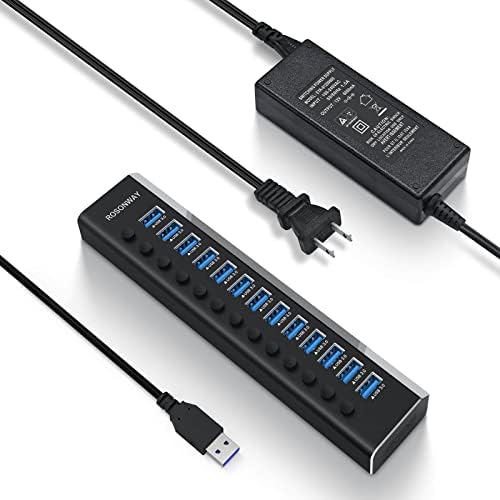 Hub USB elétrico, Rosonway Aluminium 13 Port USB 3.0 Hub com adaptador de energia de 72W e interruptores de ativação/desativação