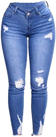 Andongnywell Women feminino Cintura Média Faixa magra de calças jeans angustiadas Slim Fit Ripped Jeans com bolsos com zíper