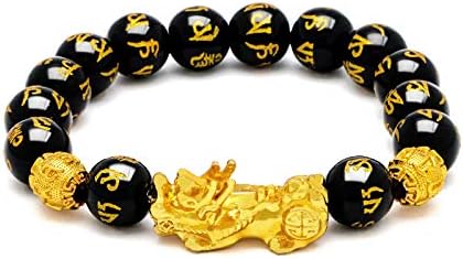 Nakido Feng Shui Black Obsidian Wealth Bracelet, feng shui pi xiu 14mm Mantra esculpido em mão preta
