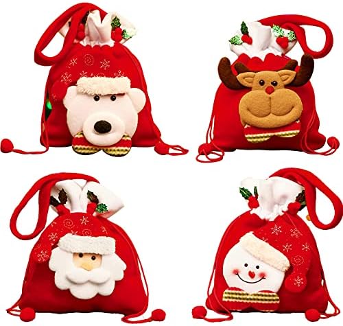 Bolsa de cordão de natal Asikkon 4 pacote de pacote 3D Design Sacos de presente de tecido para favores e decorações Super fofo