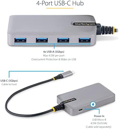 Startech.com 4 -porta USB -C Hub - 5 Gbps - BuS alimentado - USB C a 4x Usb -A Hub com entrada de energia auxiliar opcional - Hub