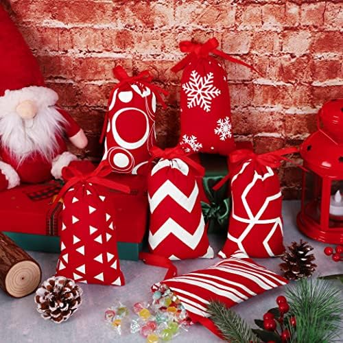 Mimind 24 peças Bolsa de cordão de natal Red e White Fabric Saco de presente de Natal com algodão com cordão de sacos presentes sacos