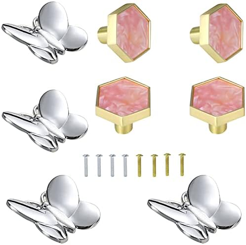 Brosay Silver Butterfly Draveta Botões de armário de hexagon rosa 8 PCs