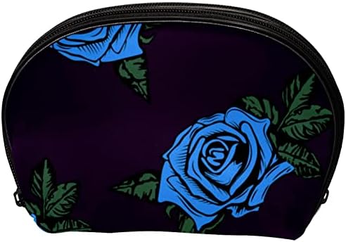 Saco de maquiagem pequena, organizador cosmético da bolsa com zíper para mulheres e meninas, vintage de flores de rosa azul