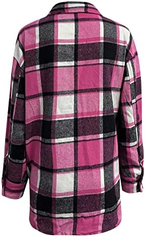 Camisas xadrezas para mulheres casuais de botão de botão Blush mistura de lã de manga comprida Tartan Shacket Casacats