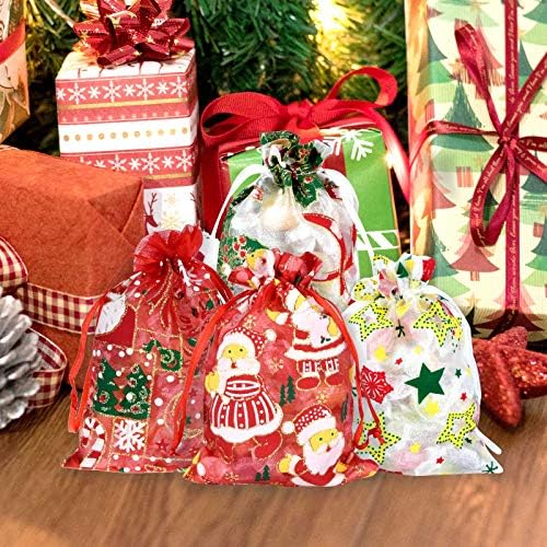 50pcs Christmas Organza Bags Gift Jewelry Candy Sachs para festa de casamento de Natal, incluindo 10 padrões 4x6inch