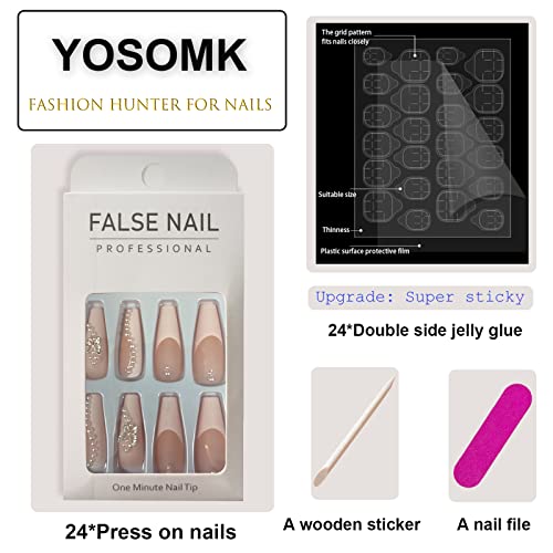 Yosomk Branco French Tip Press On Unhas Long Butterfly Pearl False Nude Fake Nails Pressione no Coffi