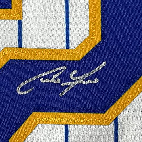 Christian Yelich autografado/assinado emoldurado 33x42 Crew Milwaukee Brewers Pinstripe Cool Base Baseball Jersey JSA Coa