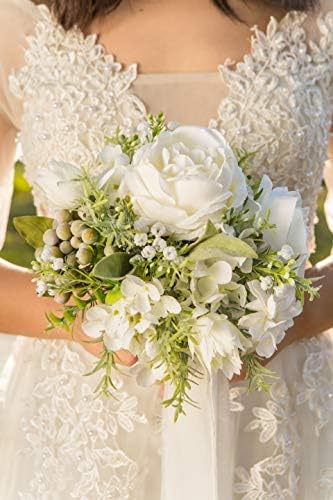 Bencentre 7 Flores artificiais brancas e vegetação buquê de casamento para buquê de dama de honra de marfim, conjunto de