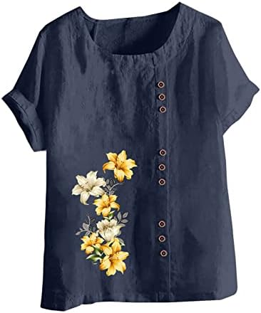 Camisas de linho de algodão para feminino verão t-shirt tamis de manga curta Blouse Blouse Tees Floral Print Tunics Top Top