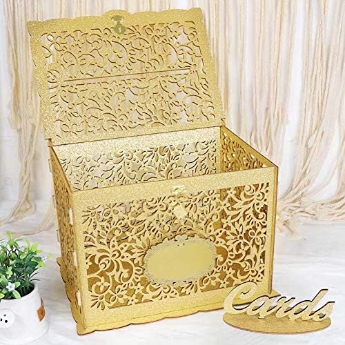 Caixa de cartão de casamento de ouro brilhante com fechadura, caixa de cartão -presente de madeira caixa de dinheiro para recepção