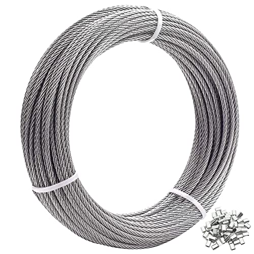 Corda de arame, cabo de arame de 1/16, cabo de arame de aço inoxidável 304, 100 pés com mangas de 30pcs de crimpagem, fios