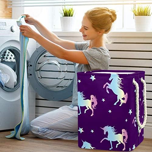 Djrow Laundry Bag Unicorn Magic Magic com estrelas estampa roxa Grande banheira de armazenamento Roupas de roupas para cesto de