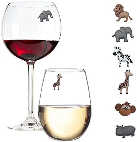 Charmos de vinho de animais Conjunto de 6 marcadores de bebidas com copo de vinho magnético com temas Safari