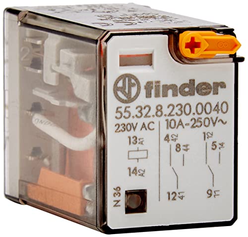 Finder 55.32.8.230.0040 DPDT 10A, bobina AC 230V, contato Agni, relé de uso geral