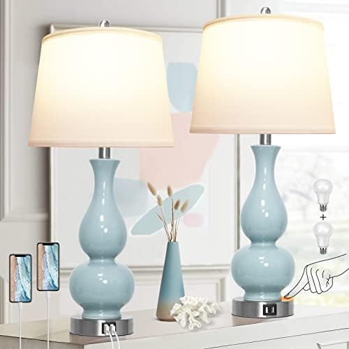 Partphoner Ceramic Table Lamps Conjunto de 2, lâmpadas de cabeceiras duplas verdes azuis com porta de carregamento USB, lâmpada