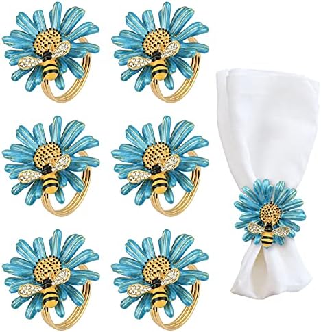 Kesote Daisy Girlower Guardy Rings Conjunto de 6, titulares de anel de guardanapo de abelha dourada para decoração formal ou casual na mesa