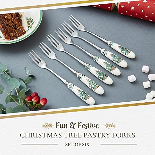 Spode Christmas Tree Collection Forks, conjunto de 6, garfo de aço inoxidável, alça de porcelana, salada de 6 polegadas, espaguete, aperitivo e garfo de sobremesa, talheres de férias