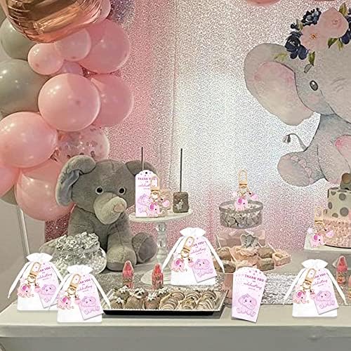12 conjuntos chá de bebê Keychains de elefante rosa é uma garota de retorno para os convidados com bolsas de organza brancas de estrelas