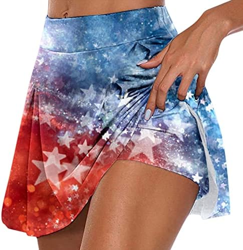 4 de julho Saias de tênis com shorts para mulheres de alta cintura plissada Skorts de golfe 2 em 1 Treino de bandeira americana Culottes