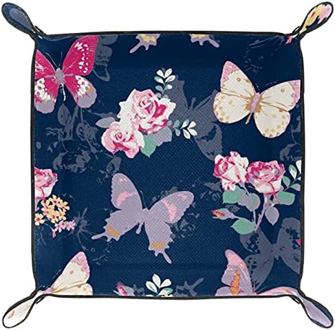 Bandeja de manobrista de couro, bandeja de dados suporte quadrado dobrável, placa organizadora de cômoda para trocar a chave da moeda, butterfly rosa rosa floral vintage