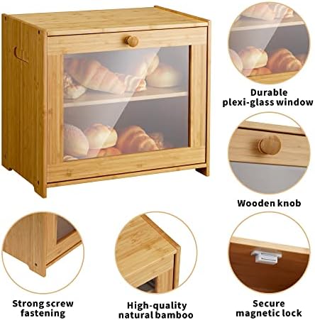 Caixa de pão Vasmia para bancada de cozinha, caixa de armazenamento de bambu com 2 camada ajustável, caixa de pão de grande
