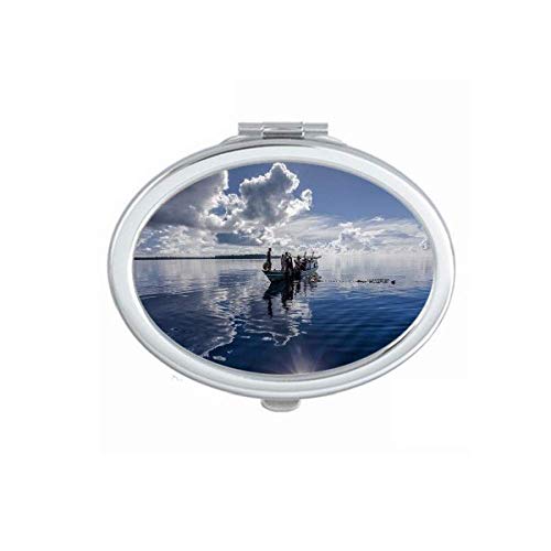 Ocean Water Blue Boat People Picture espelho portátil dobra maquiagem de mão dupla lateral óculos