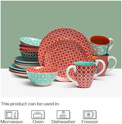 Dowan Ceramic Dinnerware Conjuns para Natal, conjunto de pratos de 16 peças, serviço para 4, pratos de jantar de cores vibrantes,