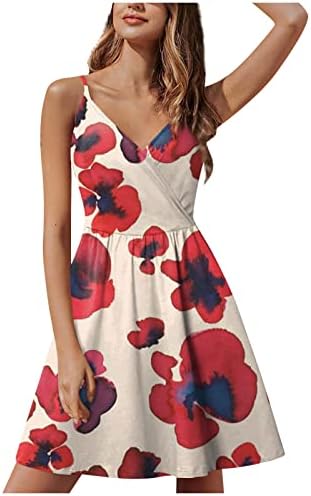 Vestido de primavera para mulheres, verão feminino, feminino, moda casual sem mangas Vestido de estampa floral de decote em