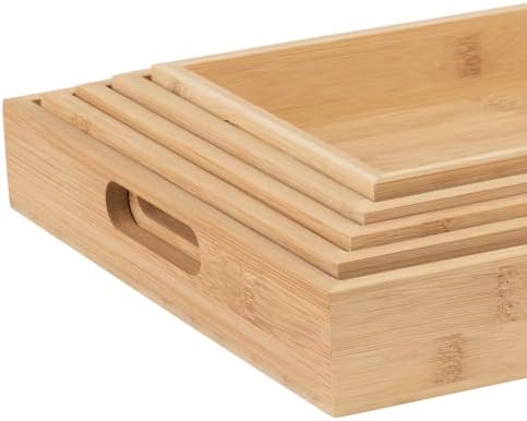 Hammont Bamboo Ninhado de madeira Bandejas - Conjunto de cinco peças de bandejas de madeira de forma retangular para artesanato com alças cortadas | Bandejas de ninho de cozinha para servir doces, lanches, mini barras, chocolate