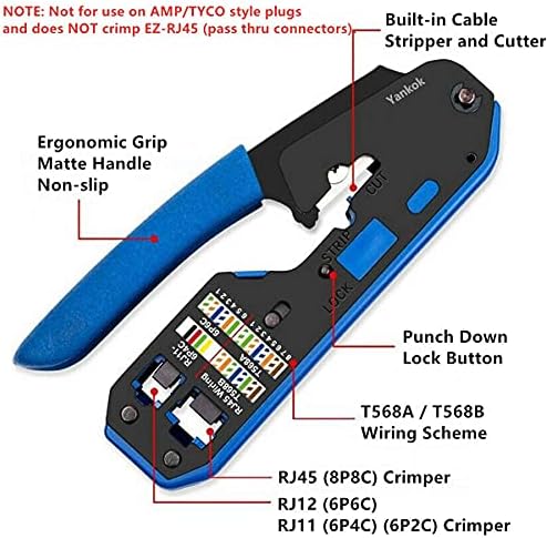 Yankok RJ45 RJ12 RJ11 Modular Crimper com 15 conectores de rede e kit de testador de cabo de rede