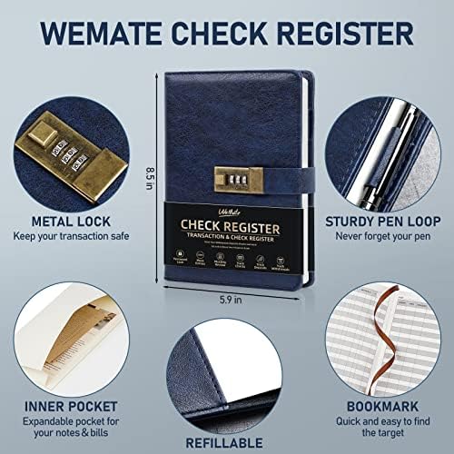 WEMATE CHECK Registros com bloqueio vintage, registros de cheques de couro A5 PU para talão de cheques pessoais, registros