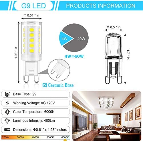 Base de pinos de lâmpada LED WinShine G9, lâmpadas de base G9 de 6000K para lustres, 4W, ângulo de feixe de 360 ​​°,