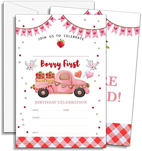 Convites de aniversário de morango, convites de festa de festas de 1ª Berry, Berry Sweet Strawberry Truck Birthday Party Convite