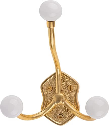 UNIQANTIQ Hardware Supply Triple Arm Polished Brass Coat Hood com extremidades de bola de cerâmica | Parede, árvore do salão, gancho
