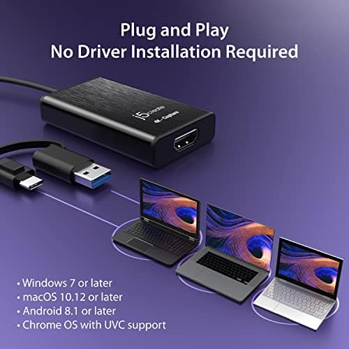 J5Create 4K HDMI Video Capture Card, DSLR CAM Link, Adaptador de captura de jogos para Game Live, Broadcasting, Streaming,