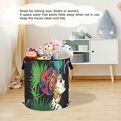 Tropical African Girl Pop Up Laundry Horse com tampa dobrável cesta de armazenamento Saco de lavanderia dobrável para a organização de acampamento