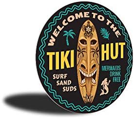Bem -vindo ao Tiki Hut, placa de surf, sinal de barra de praia - círculo de 18
