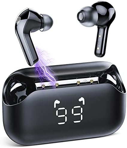 Fones de ouvido do Timu Bluetooth 5.3, Bluetooth Earbuds 60H Time de reprodução com exibição de energia LED, CVC8.0 CLEAS CLASSE, embutido 4 microfones, baixo Deep, USB-C Fast Charge, Ipx7 à prova d'água, fones de ouvido para o trabalho esportivo.