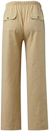 Calças de linho femininas mtsdjskf, cintura elástica lisa calça de linho de cordão macia de perna larga com bolsos calças