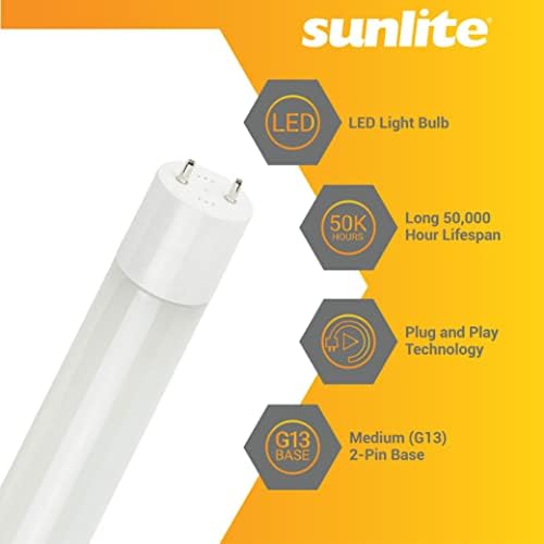 Sunlite 41034 F21T5/F25T8/F30T12 Plugue T8 LED de 3 pés e lâmpada de reprodução, 10 watts, 1450 lúmens, 6500 mil luz do dia, base média de 2 pinos, UL listada, branca, 10-pack