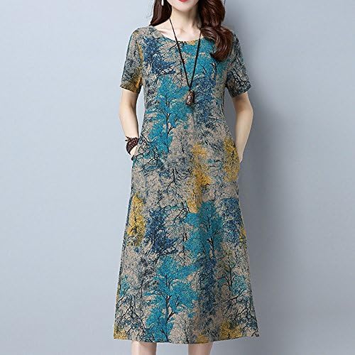 Vestidos sexy Fragarn, Moda Mulheres de Manga Curta o Pescoço de Pocket Cotton Linen Impresso Vestido casual solto